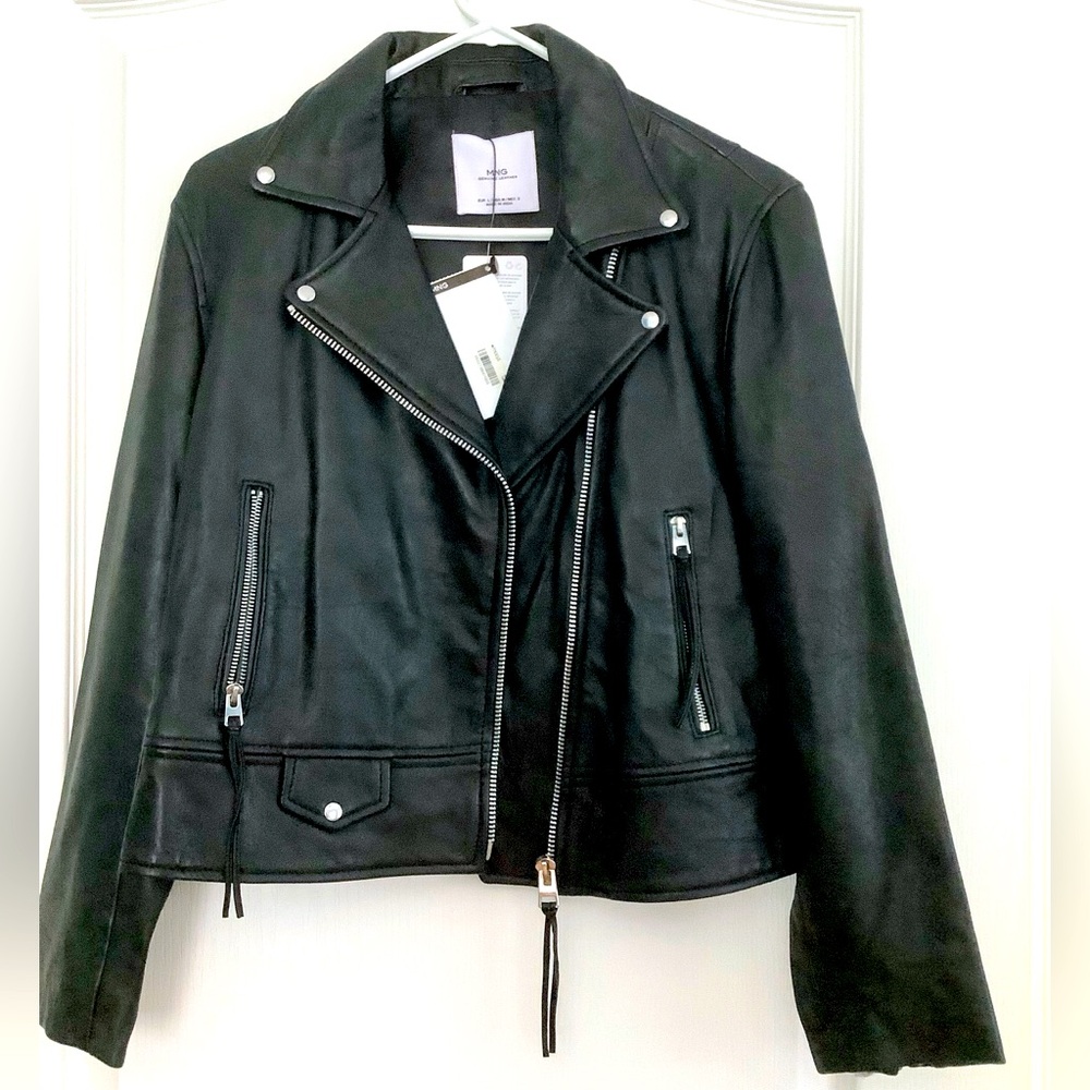 NWT MNG BLACK LAMBSKIN LEATHER MOTO JACKET WITH SILVER EMBELLISHMENTS SIZE M